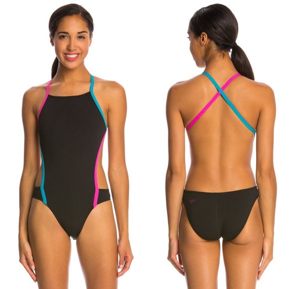 Speedo Women/’s Vee 2 Color Block Printed Sport Monokini Swimsuit Speedo Men/'s and Women/'s Swimwear